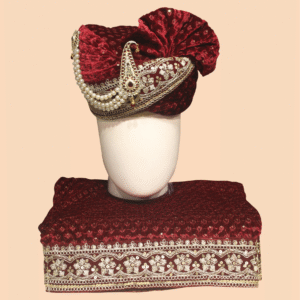 Maroon Velvet Pagdi and Dupatta Set with Pearl Strings and Embroidered Kalgi