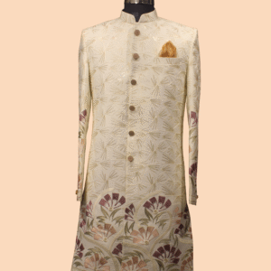 Elegant Cream Floral Embroidered Sherwani with Golden Detailing
