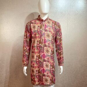 Men’s Pink & Beige Multicolor Printed Cotton Kurta with Traditional Motifs