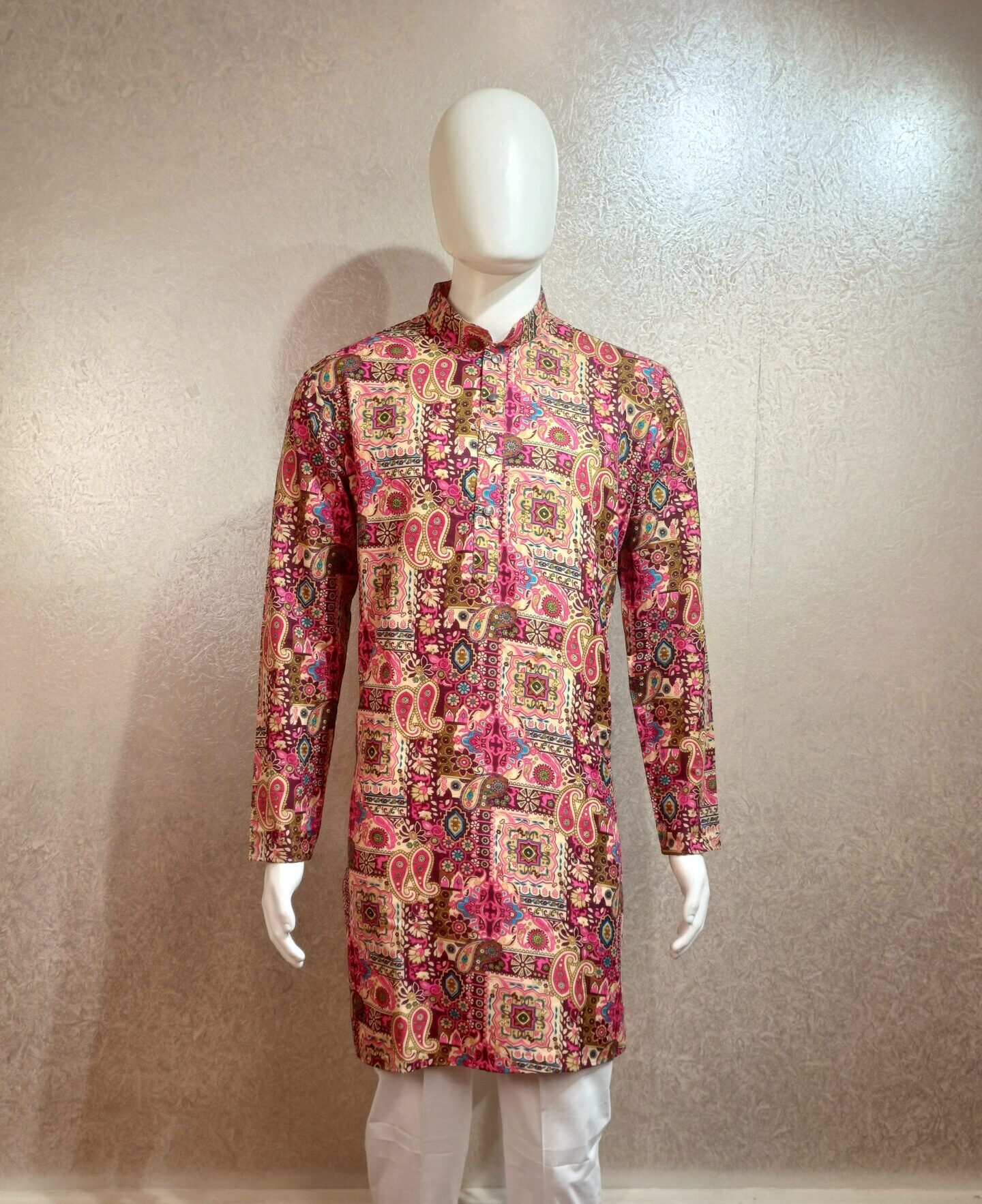 Men’s Pink & Beige Multicolor Printed Cotton Kurta with Traditional Motifs