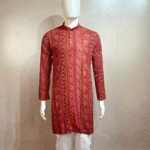 Red Printed Cotton Kurta with White Pajama for Men