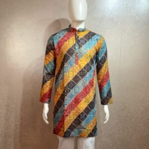 Multicolor Patchwork Printed Cotton Kurta with White Pajama for Men