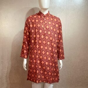 Maroon Printed Cotton Kurta with White Pajama for Men