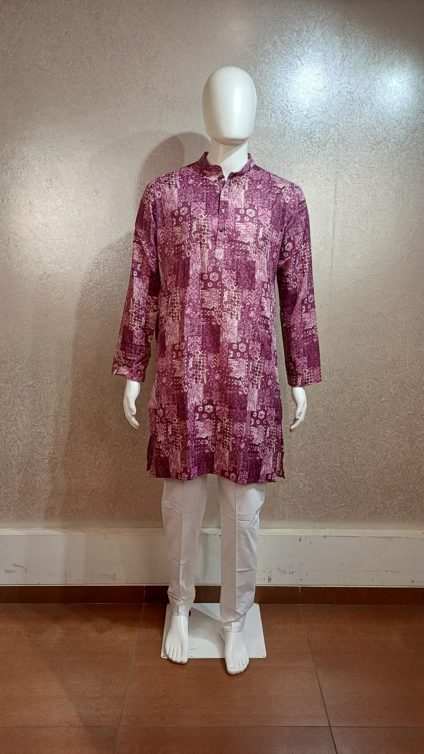 Men’s Maroon Printed Cotton Kurta with Mandarin Collar