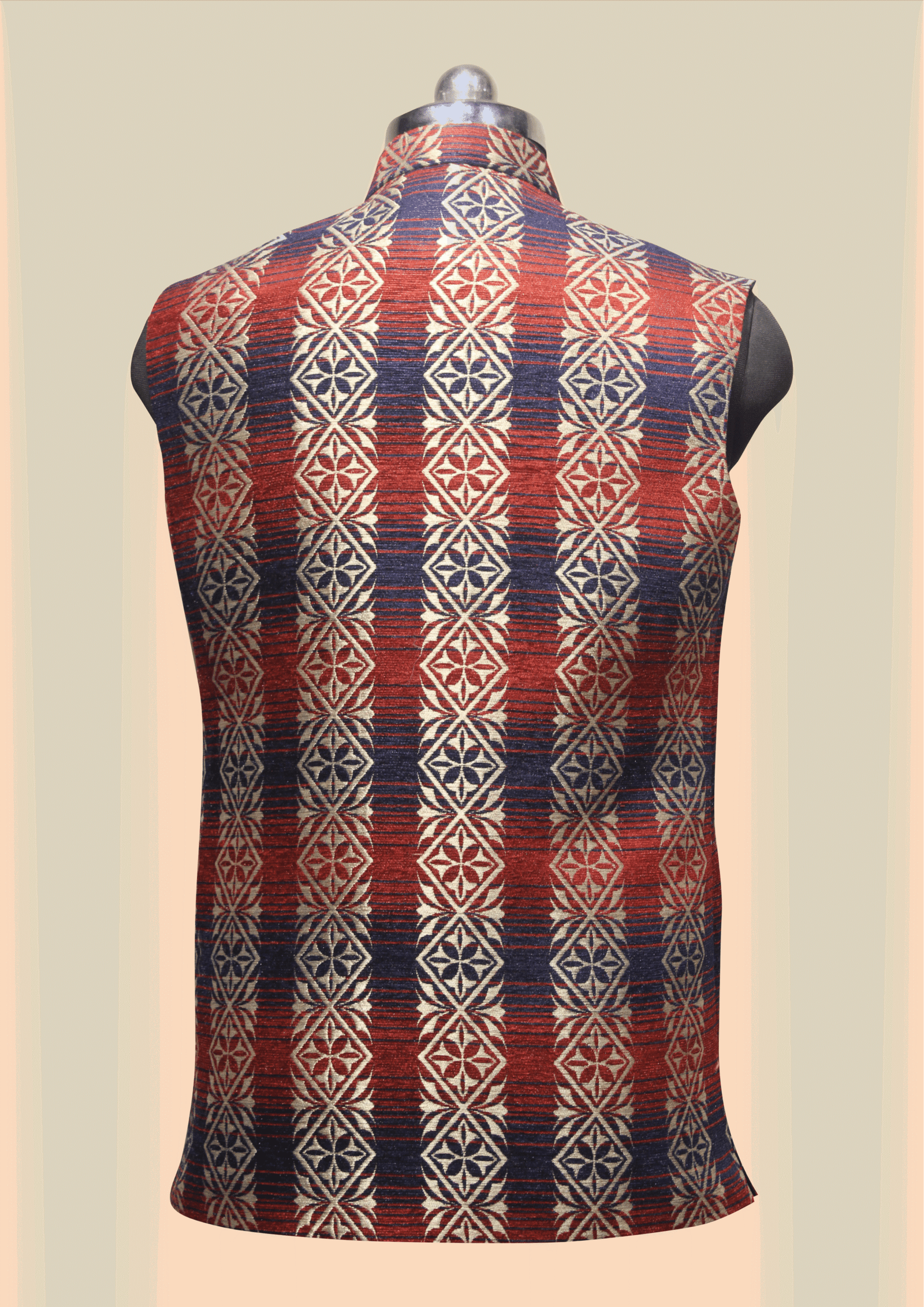 Handwoven Ikat Cotton Nehru Jacket - Red & Blue Geometric Pattern - Image 2