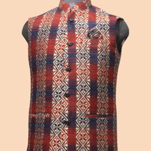 Handwoven Ikat Cotton Nehru Jacket - Red & Blue Geometric Pattern