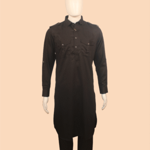 Classic Black Cotton Pathani Kurta Set – Military-Inspired Design