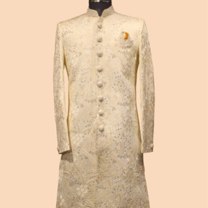 Majestic Golden Ivory Sherwani with Zari Embroidery & Sequin Work