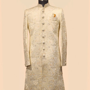 Majestic Golden Ivory Sherwani with Zari Embroidery & Sequin Work