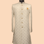 Classic Ivory Brocade Sherwani with Gold Geometric Weave
