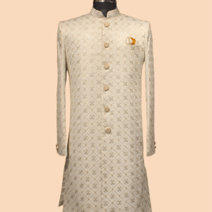 Classic Ivory Brocade Sherwani with Gold Geometric Weave