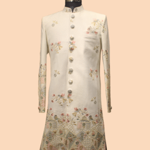Regal Cream Embroidered Sherwani with Pastel Threadwork