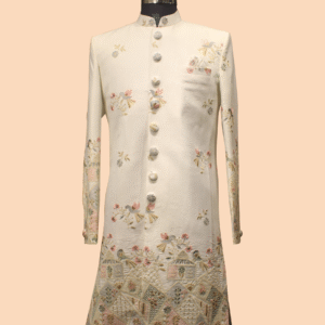 Regal Cream Embroidered Sherwani with Pastel Threadwork